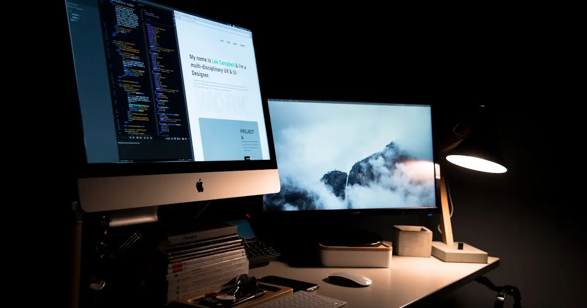 Webdesigner werkt aan een website op een laptop met kleurrijke schermen op de achtergrond