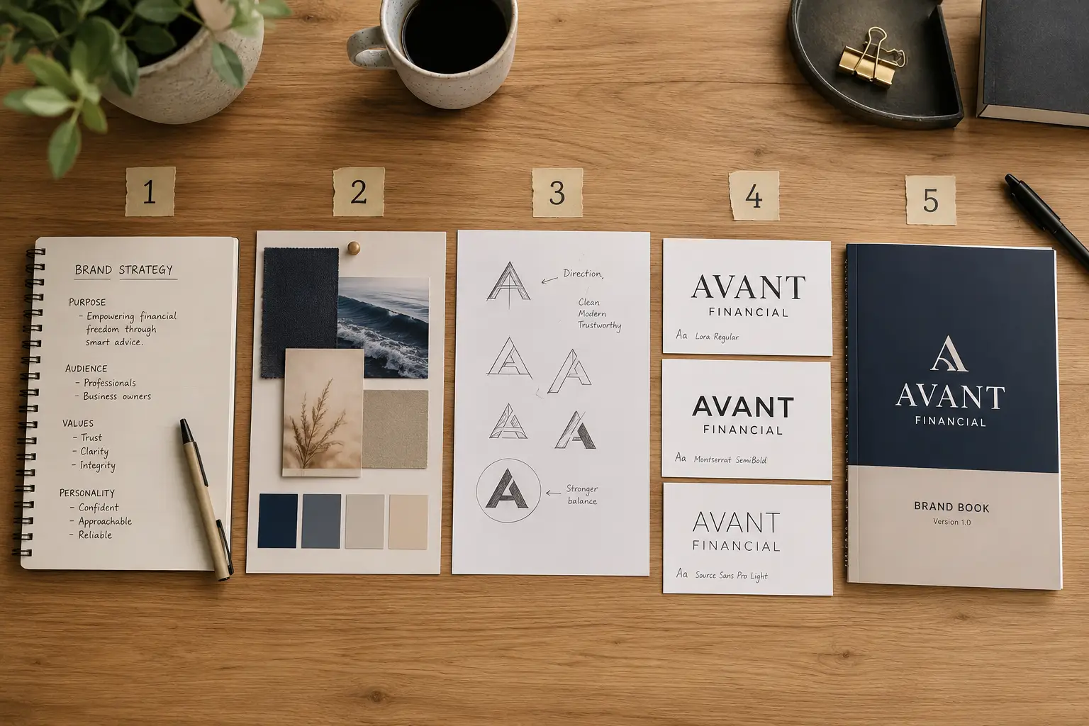 De 5 stappen van een brandbook-traject: merkstrategie, moodboard, logo-varianten, visitekaartjes en brandbook