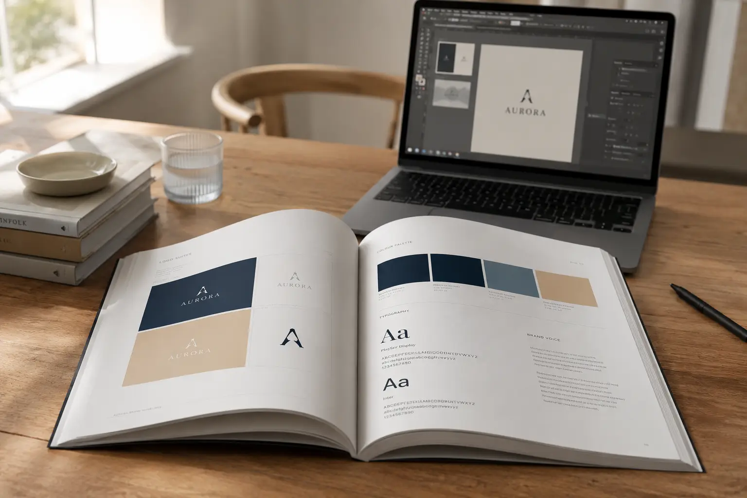 Open brandbook op een houten studio bureau met logo-varianten, kleurzwatches in donkerblauw en zandkleur, en typografie samples