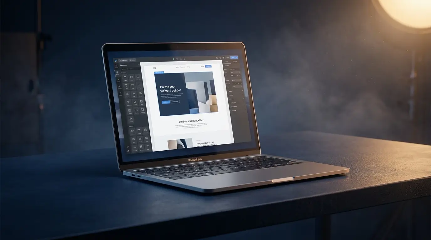 Laptop met Webflow Designer interface, visuele bouwomgeving zichtbaar, donker navy bureau met goud accent licht