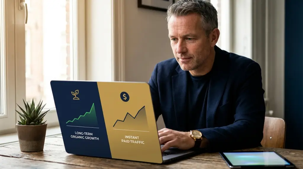 Ondernemer weegt langetermijn organische groei via SEO af tegen direct betaald verkeer via Google Ads