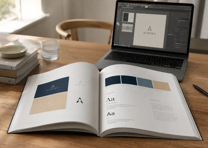 Open brandbook op een houten studio bureau met logo-varianten, kleurzwatches in donkerblauw en zandkleur, en typografie samples
