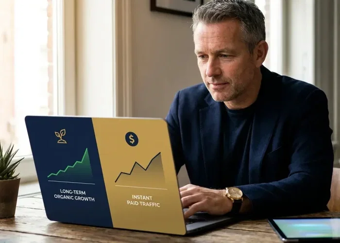 Ondernemer weegt langetermijn organische groei via SEO af tegen direct betaald verkeer via Google Ads