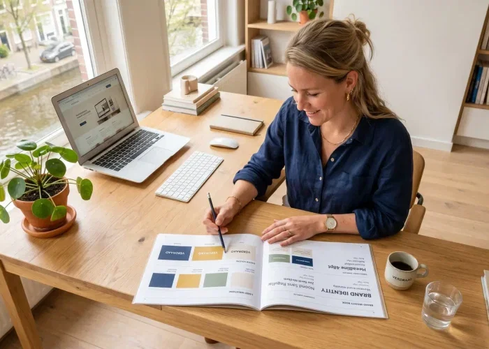 Ondernemer bekijkt brandbook met logo-varianten, kleurstalen en typografie op een houten bureau