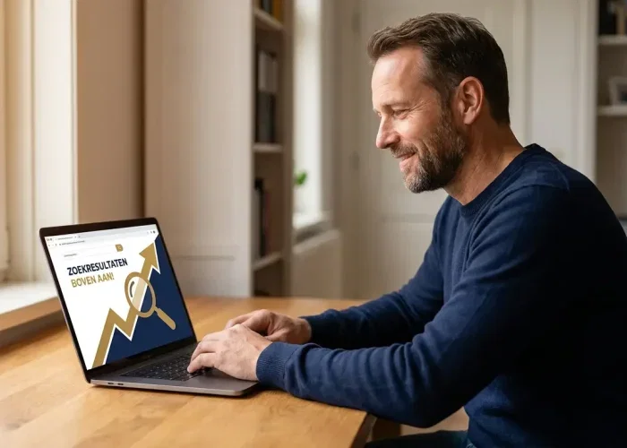 Ondernemer bekijkt op een laptop hoe zijn website hoger in de Google-zoekresultaten komt