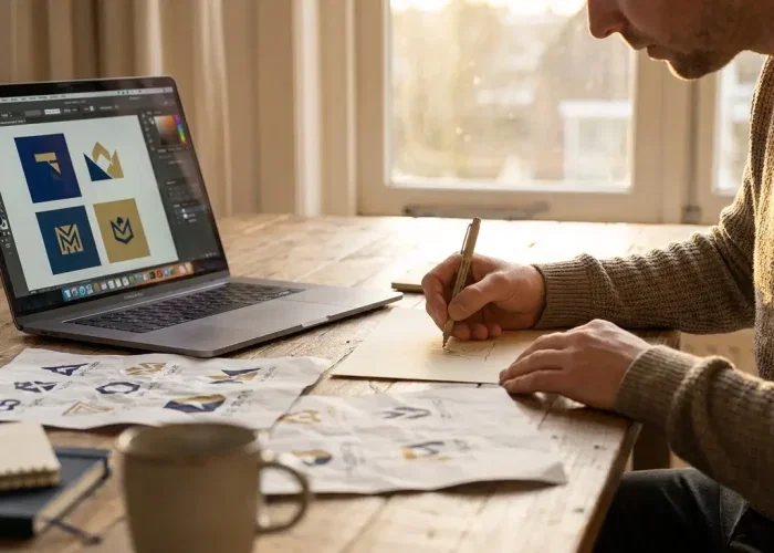 Grafisch ontwerper schetst logovarianten naast een laptop met vectorsoftware